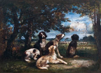 Perros en el bosque de Fontainebleau (óleo sobre tabla)