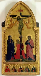 La crucifixión con dolientes y Santa María Magdalena, el panel predela que representa a SS. Jerónimo, Pablo, Santiago, Pedro y un santo desconocido