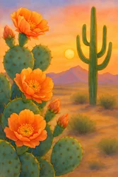 Puesta de sol en el desierto y flor de cactus