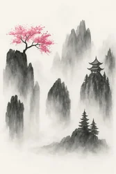 Paisaje montañoso japonés con un cerezo en flor y un templo