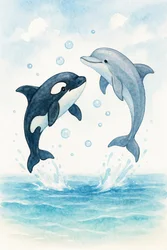 Delfín juguetón y orca