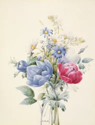 Una rosa, anémona, mignonette y margaritas