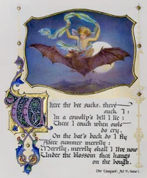 Página iluminada de un libro de sonetos de Shakespeare que representa una escena de La Tempestad