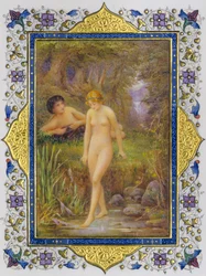 Página iluminada de un libro de sonetos de Shakespeare con mujer desnuda en fanta...