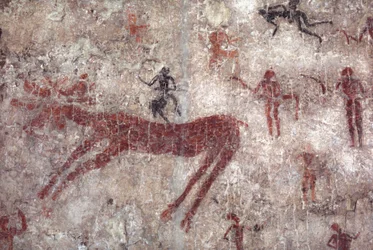 Pintura mural neolítica de caza y cazadores Catal Huyuk