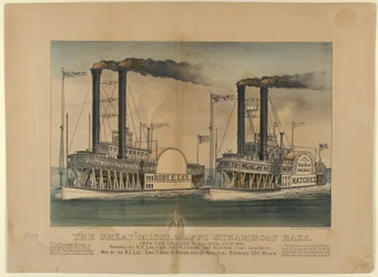 La gran carrera de barcos de vapor del Mississippi - De Nueva Orleans a St. Louis, julio de 1870 - Entre t..., 1872-74. Creadores: Nathaniel Currier, James Merritt Ives, Currier and Ives