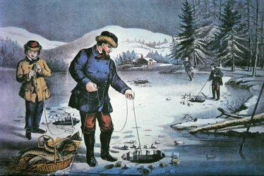 Vida pionera americana: pesca a través de un agujero en el hielo