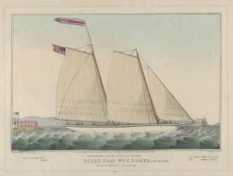 Barco Piloto William J. Romer, Capitán McGuire, Partiendo hacia Inglaterra el 9 de febrero de 1846 (litografía coloreada a mano)