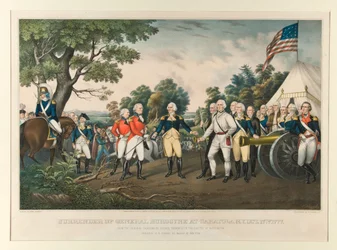 Rendición del general Burgoyne en Saratoga, N.Y., 17 de oct. de 1777, según la pintura original del coronel Trumbull en el Capitolio de Washington