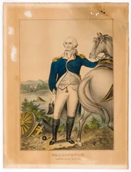 Washington (de pie junto a su caballo)