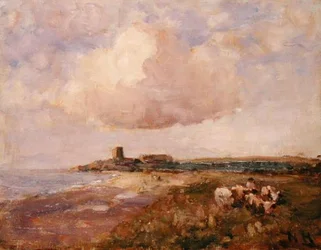 Vista costera irlandesa con niño y ganado
