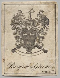 Ex libris: Escudo de armas con la inscripción Benjamin Greene