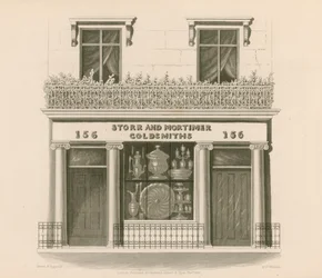 Fachada de estilo jónico de Messrs Storr y Mortimer, orfebres y joyeros, No 156, Bond Street, Londres