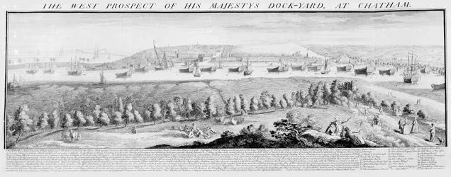 La perspectiva oeste del astillero de Su Majestad en Chatham, 1738