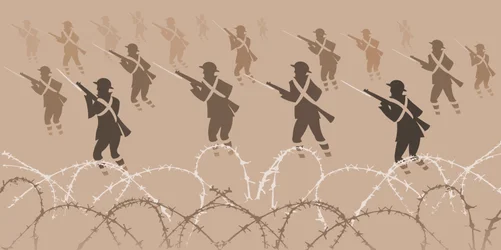 Soldados de la Primera Guerra Mundial con bayonetas - emergiendo de las trincheras
