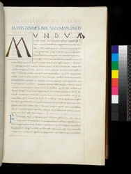 Ms 394.1. Plinio el Viejo, Historia naturalis, f.26r. Inicial de pluma [M] añadida en el espacio dedicado dejado en blanco por el decorador, Nápoles, mediados del siglo XV, c.1442