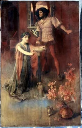 "Una mujer arrodillada ante una bola de cristal, un hombre esperando detrás de ella con una mezcla de miedo y curiosidad. Pintura de Nelly Erichsen (en activo hacia 1882-1893) Colección particular