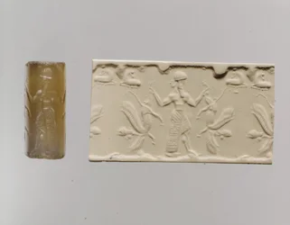 Sello cilíndrico e impresión moderna: figura masculina dominando leones alados con cabeza humana, c. siglo VIII-VII a.C. (calcedonia)