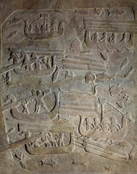 Mesopotamia en la era Neo-Asiria (alrededor de 1000-612 a.C.): expedición naval, transporte de madera desde el Líbano a lo largo de la costa fenicia, carga de barcos. Siglo VIII a.C. De Khorsabad (Khunsabad) París, Museo del Louvre