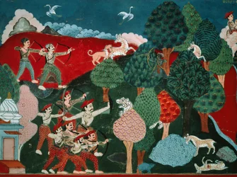 Un rey que pasa sus días matando pobres gacelas sin razón, más tarde, en otra vida, es gacela y es asesinado por un cazador, detalle del Swayambhu Purana, importante texto sagrado budista en Nepal, gouache, Nepal Civilización nepalí