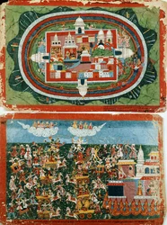 Krishna atacando el castillo inexpugnable de Prag-jyoshita, para recuperar los pendientes de Aditi, c. 1775