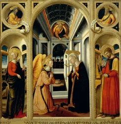 Anunciación con Santa Apolonia, San Lucas y los profetas David e Isaías, por Neri di Bicci (1418-1492)