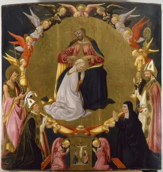 La coronación de la Virgen con ángeles y cuatro santos. Hacia 1470
