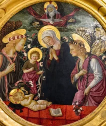 La Virgen María, San Juan y dos ángeles adorando al Niño Jesús
