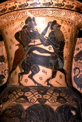 Hércules y el centauro Setos, detalle de una vasija griega, corintia