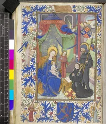 Add 17440 f.13v Virgen del Lirio con el patrón Willem van Bossunt, del Misal de Gante