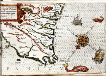 Cabo Finisterre según el portulano de Luca J. Waghenaer tresoor de zeevaert, Leiden 1592