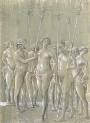 Cinco soldados desnudos sosteniendo postes, dos con casco, y tres mujeres desnudas, 1522