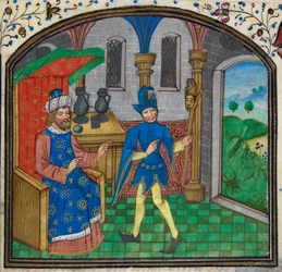 Harley 3000, f.189 Un tonto con su amo, de un Libro de Horas del Maestro Mildmay, c.1460-70 (vitela)