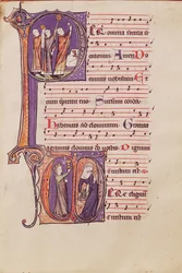 Iniciales historiadas P que representan la Elevación de la Hostia y D que representan la Iglesia y la Sinagoga, de un Misal de la Abadía de San Pedro el Grande