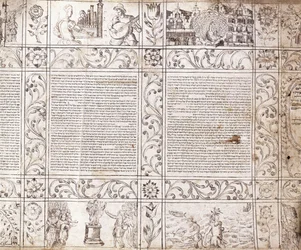 Manuscrito iluminado en escritura sefardí, mostrando escenas de la vida holandesa y la Biblia con cartuchos florales, siglo XVII