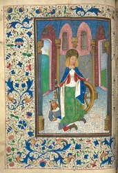 Miniatura de Catalina de Alejandría, con el emperador romano Maxentius (Marcus Aurelius Valerius Maxentius Augustus) (vitela)