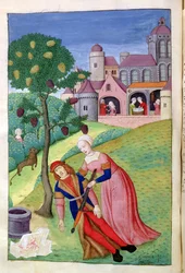 Alcithoe, Píramo y Tisbe, el árbol de morera cambia de color, de Metamorfosis de Ovidio, 1479