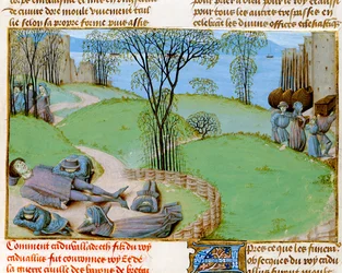 Ms. Royal 15 E.IV fol.187 Muertes por hambruna, de "Chroniques d