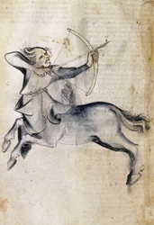 Sloane 3983 f.9v Dibujo de Sagitario; de una traducción de un tratado astrológico persa, "Liber Astrologiae" (vitela)
