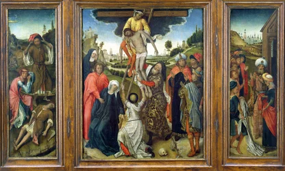 La Deposición, flanqueada por (Izq.) Adán y Eva Llorando a Abel y (Der.) La Túnica de José Mostrada a Jacob, tríptico, c.1470