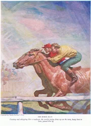 La carrera de caballos: Maldiciendo y azotando como un loco, el jockey escarlata se detuvo en la curva, colgado rodilla a rodilla, lo pasó