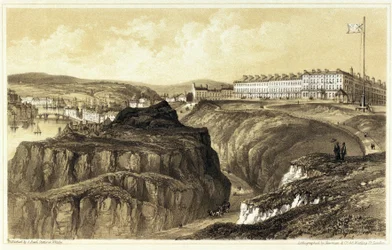 Whitby, Khyber Pass (Inglaterra), con una vista general de los edificios y el fuerte de la ciudad. Litografía, grabada por Newman  Co, publicada por S.Reed.