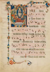 Hoja de manuscrito con la Asunción de la Virgen en una inicial V, de un antifonario, ca. 1340