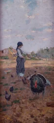 Una niña alimentando pavos