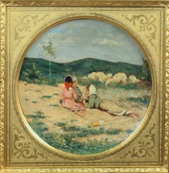 Plato pintado con figuras de pastores, por Niccolo Cannicci, Circa 1880, óleo sobre placa de terracota