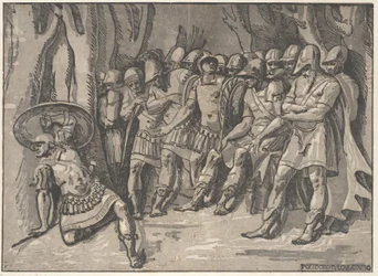 Ajax en la parte inferior izquierda sosteniendo un escudo en alto, a la derecha está Agamenón rodeado por su séquito, 1540-50