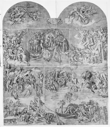 Ángeles trompeteros y almas condenadas siendo arrastradas por demonios (detalle), 1548