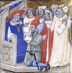 Un cardenal juzgando a un obispo, acusado por dos laicos, c.1380 (pintura y pan de oro sobre vitela)