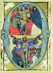 Inicial historiada «O» que representa el Beso de Judas y la Crucifixión, hacia 1370