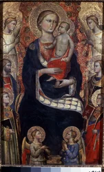Virgen y el Niño con Santos y Ángeles. Virgen con el Niño, Santos y Ángeles. Pintura de Niccolo di Pietro Gerini (hacia 1350-1415). Arte florentino, edad media. Témpera sobre madera. Museo del Hermitage, San Petersburgo